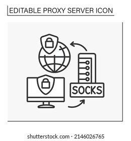 Socks Protocol Line Icon. Socket Secure Network Protocol. Connecting By Firewall By Routing Network Traffic. Proxy Server Concept. Isolated Vector Illustration. Editable Stroke