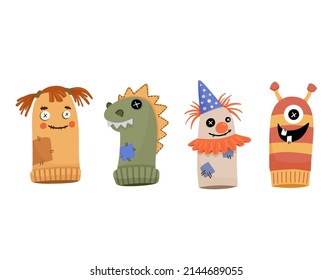 Socks puppets. Dolls for children theatre. Educational game with doll on hand, vector characters isolated on white background. Creepy clown, girl and dragon