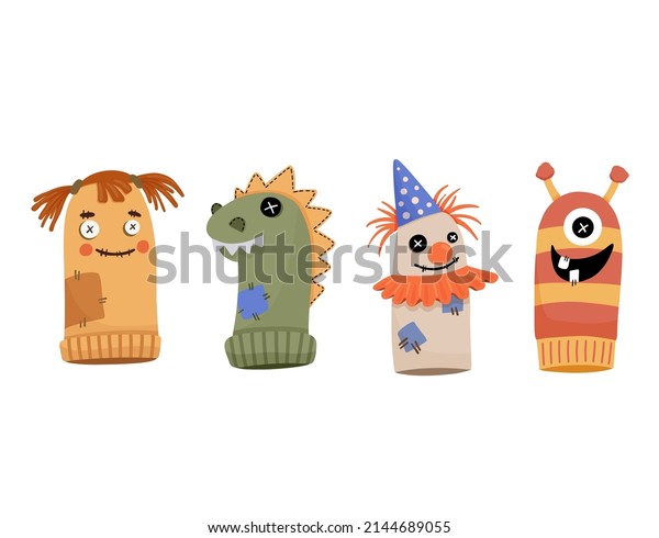 Socks puppets. Dolls for children\
theatre. Educational game with doll on hand, vector characters\
isolated on white background. Creepy clown, girl and\
dragon