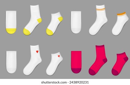 Socks realistic mockup red and white with decor. Vector 3d illustration set of woman or kid low and middle foot wear flat lay. Fabric cotton shoe underwear template. Clothing accessory with print.