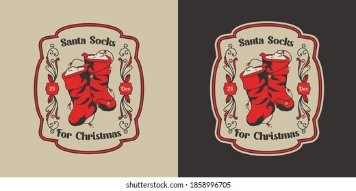 Socks Santa Clause and Oriental Border Design Vector Badge Vintage Christmas Isolated Illustration