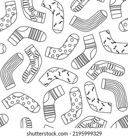 Socks seamless pattern. Various doodle socks repeatable design for textile, packaging, background. Down syndrome support symbol.