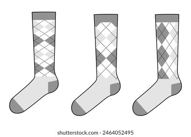 Socken Set mit Argyle-Muster. Mode Strumpfwaren Accessoire Bekleidung technische Illustration Strumpf. Vektorgrafik Seitenansicht für Männer, Frauen Unisex-Stil, flache Vorlage Skizze isoliert auf weißem Hintergrund