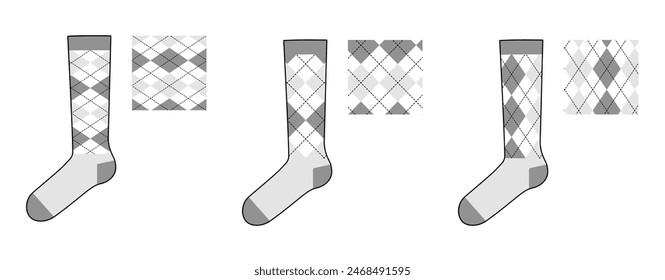 Socken Set mit Argyle-Muster und Druckfarben. Mode Strumpfwaren Accessoire Bekleidung technische Illustration Strumpf. Vektorgrafik Seitenansicht für Männer, Frauen Unisex-Stil, flache Vorlage Skizze isoliert