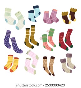 Socks. Set cozy different winter and autumn socks. Warm seasonal clothes. Flat illustration on a white background.