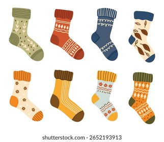 Socks set, different autumn socks collection. Warm seasonal clothes, cozy seasonal collection