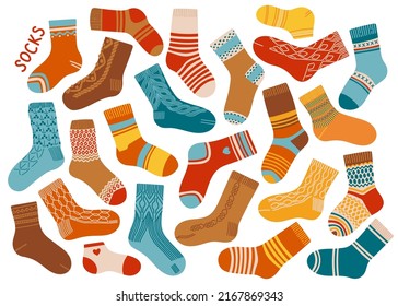 Socks set different colors and sizes knitted flat design autumn vector illustration