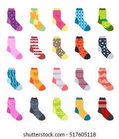 Socks set icons.  collection, flat design.  isolated on white background. Warm woolen socks with cute patterns. Winter socks. Vector illustration