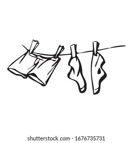 Socks And Shorts Are Dried On A Clothesline. Vector Illustration In Line Art Style. Isolated On A White Background.