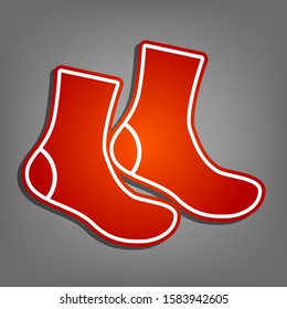 Socks sign. Flat red icon with linear white icon with gray shadow at grayish background. Illustration.