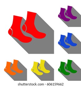 Socks sign. Set of red, orange, yellow, green, blue and violet icons at white background with flat shadow.