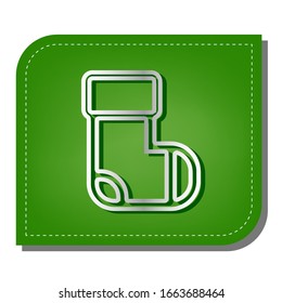 Socks sign. Silver gradient line icon with dark green shadow at ecological patched green leaf. Illustration.