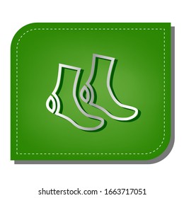 Socks sign. Silver gradient line icon with dark green shadow at ecological patched green leaf. Illustration.