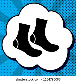 Socks sign. Vector. Black icon in bubble on blue pop-art background with rays.