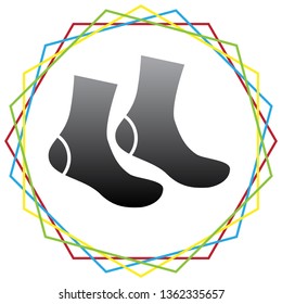 Socks sign. Vector. Black icon with patch of light inside colorful hexagonal frames at white background.