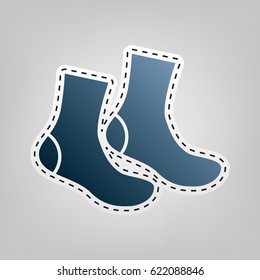 Socks sign. Vector. Blue icon with outline for cutting out at gray background.