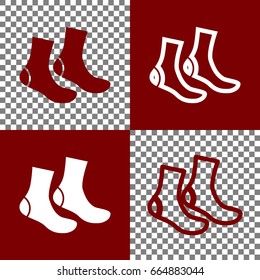 Socks sign. Vector. Bordo and white icons and line icons on chess board with transparent background.