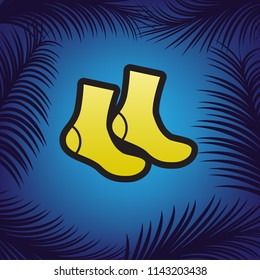 Socks sign. Vector. Golden icon with black contour at blue background with branches of palm trees.