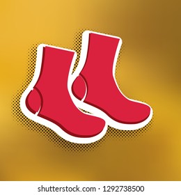 Socks sign. Vector. Magenta icon with darker shadow, white sticker and black popart shadow on golden background.