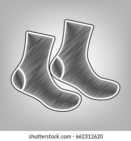 Socks sign. Vector. Pencil sketch imitation. Dark gray scribble icon with dark gray outer contour at gray background.