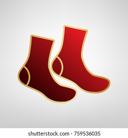 Socks sign. Vector. Red icon on gold sticker at light gray background.