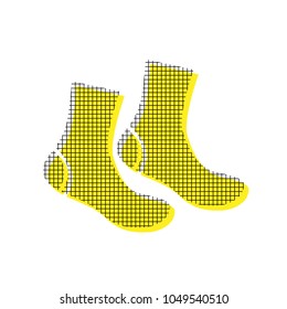 Socks sign. Vector. Yellow icon with square pattern duplicate at white background. Isolated.