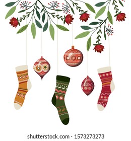 Socks and spheres design, Merry christmas season decoration card invitation celebration and holiday theme Vector illustration