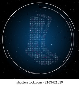 Das Socken-Symbol gefüllt mit weißen Punkten. Pointillismus-Stil. Einige Punkte sind rosa. Vektorgrafik auf blauem Hintergrund mit Sternen