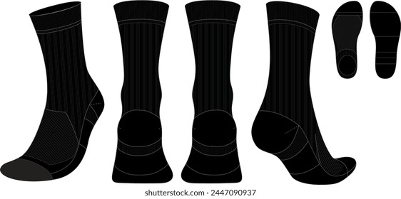 Socks tech pack template flat sketch fashion illustration mock up cad drawing for unisex men's and women's football sock design. Mid calf length socks drawing.
