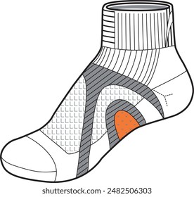 Socken Tech Pack Vorlage Flat Sketch Mode Illustration Mock Up CAD Zeichnung für Unisex Männer und Frauen Fußball Socken Design. Niedrige Wadenlänge Socken Zeichnung.