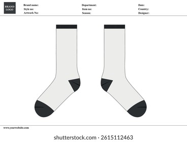 Socks technical drawing fashion flat sketch vector illustration template with tech pack details
