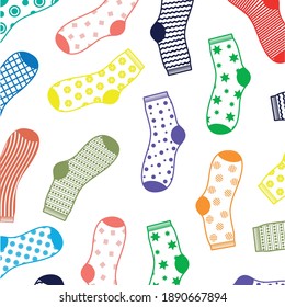 Socks texture. A contour image of multi-colored socks with different patterns on a white background. Fabric effect. Design element. Vector illustration.