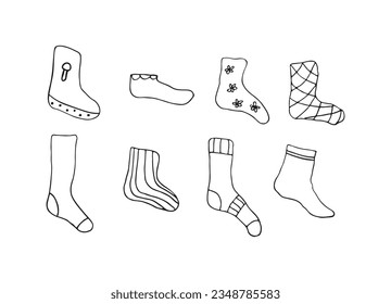 socks trendy set. Modern socks in different colors. Socks for men, women, children. Cartoon design for web and print. Isolated on white background. Vector illustration