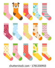 Socks vector illustration set. Cartoon flat collection of colorful clothing items with different pattern, cotton and woolen striped sock, funny warm socks for man, woman or children isolated on white