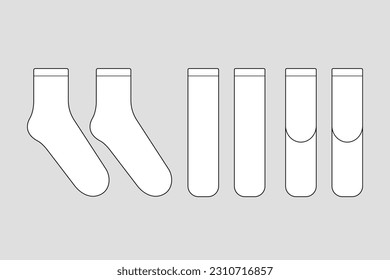 Socks vector template isolated on white. Unisex clothes. Apparel models sketch set. Outline for fashion clothes design. Front, right and back view.