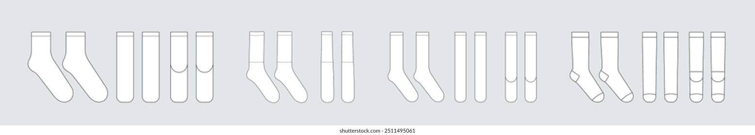 Calcetines Plantilla de Vector aislado en blanco. Ropa unisex. Conjunto de bocetos de modelos de ropa. Esquema para el diseño de ropa de moda. Vista frontal y derecha.	