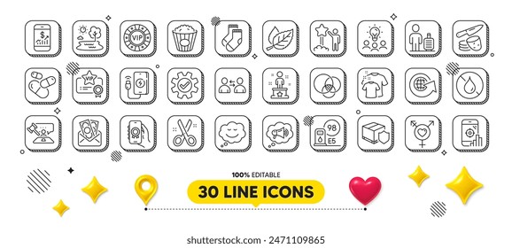 Socks, Vip chip and Judge hammer line icons pack. 3d design elements. World globe, Clean t-shirt, Phone charging web icon. Petrol station, Euler diagram, Leaf pictogram. Vector