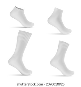 Socks worn on invisible leg, realistic templates vector illustration isolated on white background. Collection of mockups of sports and casual socks for identity design.