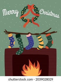 socks and a wreath hang over the fireplace with a bonfire. Poster, playbill, postcard. Vector vintage illustration in flat style