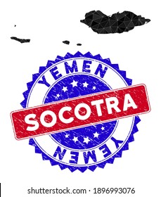 Socotra Archipelago map polygonal mesh with filled triangles, and scratched bicolor seal. Triangle mosaic Socotra Archipelago map with mesh vector model, triangles have different sizes, and positions,
