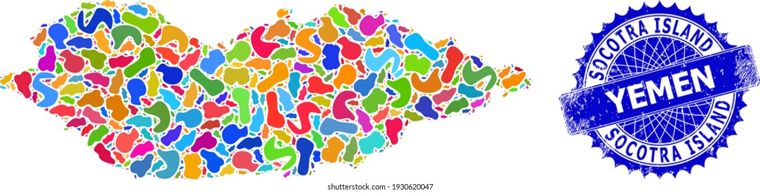 Socotra Island map vector image. Spot mosaic and distress stamp seal for Socotra Island map. Sharp rosette blue stamp seal with tag for Socotra Island map.