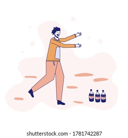 Soda addiction concept illustration. The man runs to the soda bottles. An unhealthy lifestyle, unhealthy diet, and a sweet tooth. Vector illustration. Lines