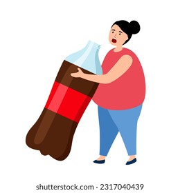 Soda addiction concept vector illustration. Fat woman drinking cold drink in flat design on white background.