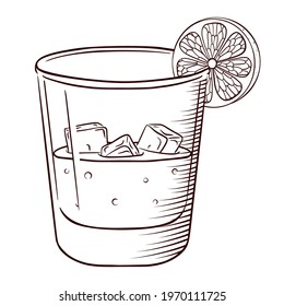 Soda or alcoholic drink with half citrus vector illustration. Glass of whiskey and cola with ice