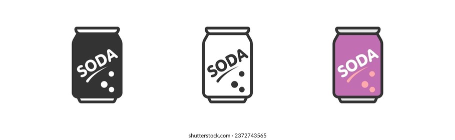 Soda in aluminium recyclable can icon. Cold beverage symbol. Carbonated drink with berries flavor. Outline, flat and colored style icon for web design. Vector illustration.