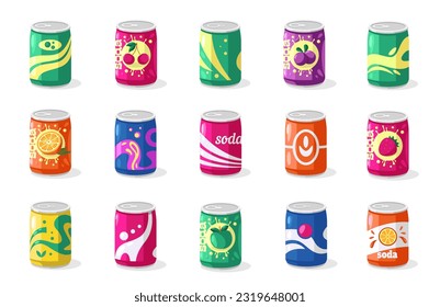 Soda in aluminum can. Cute beverage cans with colorful sweet fizzy pop, colorful cold beverages packaging cartoon style. Vector isolated set of drink soda and juice illustration