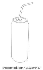 Soda in an aluminum can with a straw vector outline.