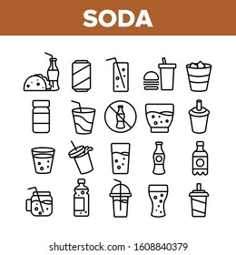 Soda Aqua Beverage Collection Icons Set Vector Thin Line. Soda Bottle And In Glass Cup, With Tube And Ice Cubes, Tacos And Hamburger Concept Linear Pictograms. Monochrome Contour Illustrations