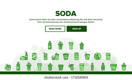 Soda Aqua Beverage Landing Web Page Header Banner Template Vector. Soda Bottle And In Glass Cup, With Tube And Ice Cubes, Tacos And Hamburger Illustration