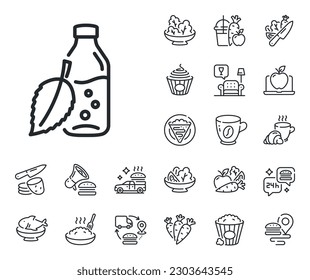 Soda aqua drink sign. Crepe, sweet popcorn and salad outline icons. Water bottle line icon. Mint leaf symbol. Water bottle line sign. Pasta spaghetti, fresh juice icon. Supply chain. Vector